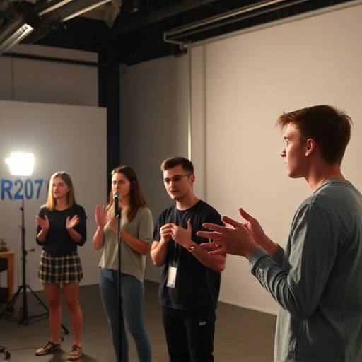 Eine Gruppe von Schauspielschülern arbeitet an einer Improvisationsübung während eines Grundkurses.
