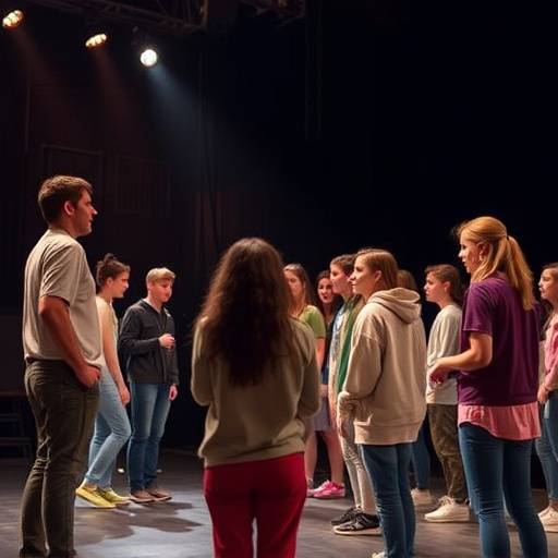 Eine Gruppe von Schauspielschülern probt auf einer Bühne.